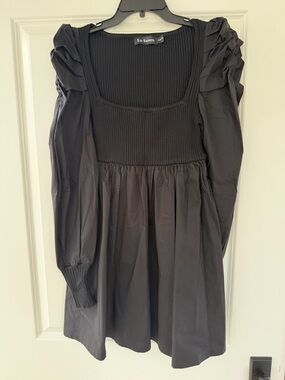 En Saison Black Mini Dress with Smocked Bodice and Puff Sleeves